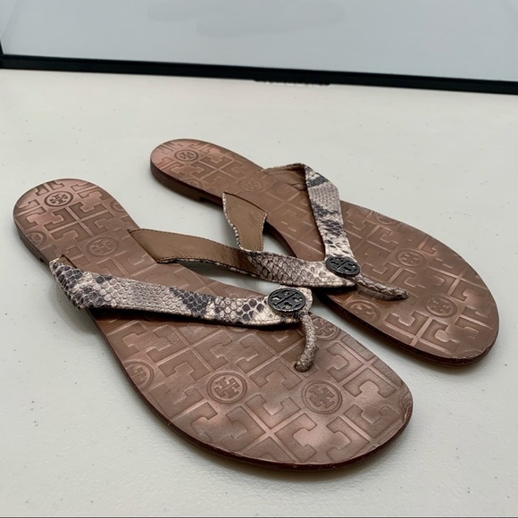 Tory Burch Sandals Adult Size 11M Brown Thora Snake Print Leather Thong Women - Picture 2 of 6
